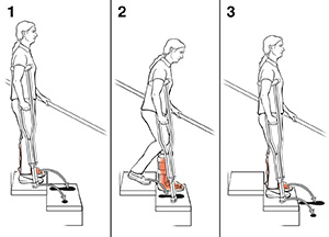 Person going down stairs using crutches, showing hand on affected side holding rail with a crutch on the other side.