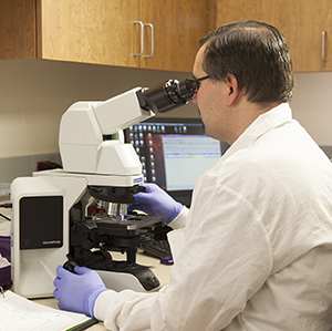 Lab technician looking through microscope.