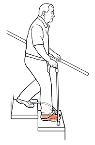 Man using cane to go down stairs, showing him step down first with weaker leg and cane.