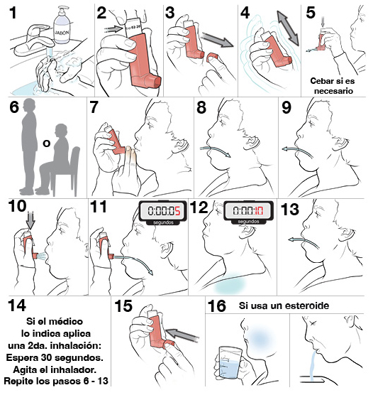 16 pasos para usar un inhalador de dosis medida sin espaciador